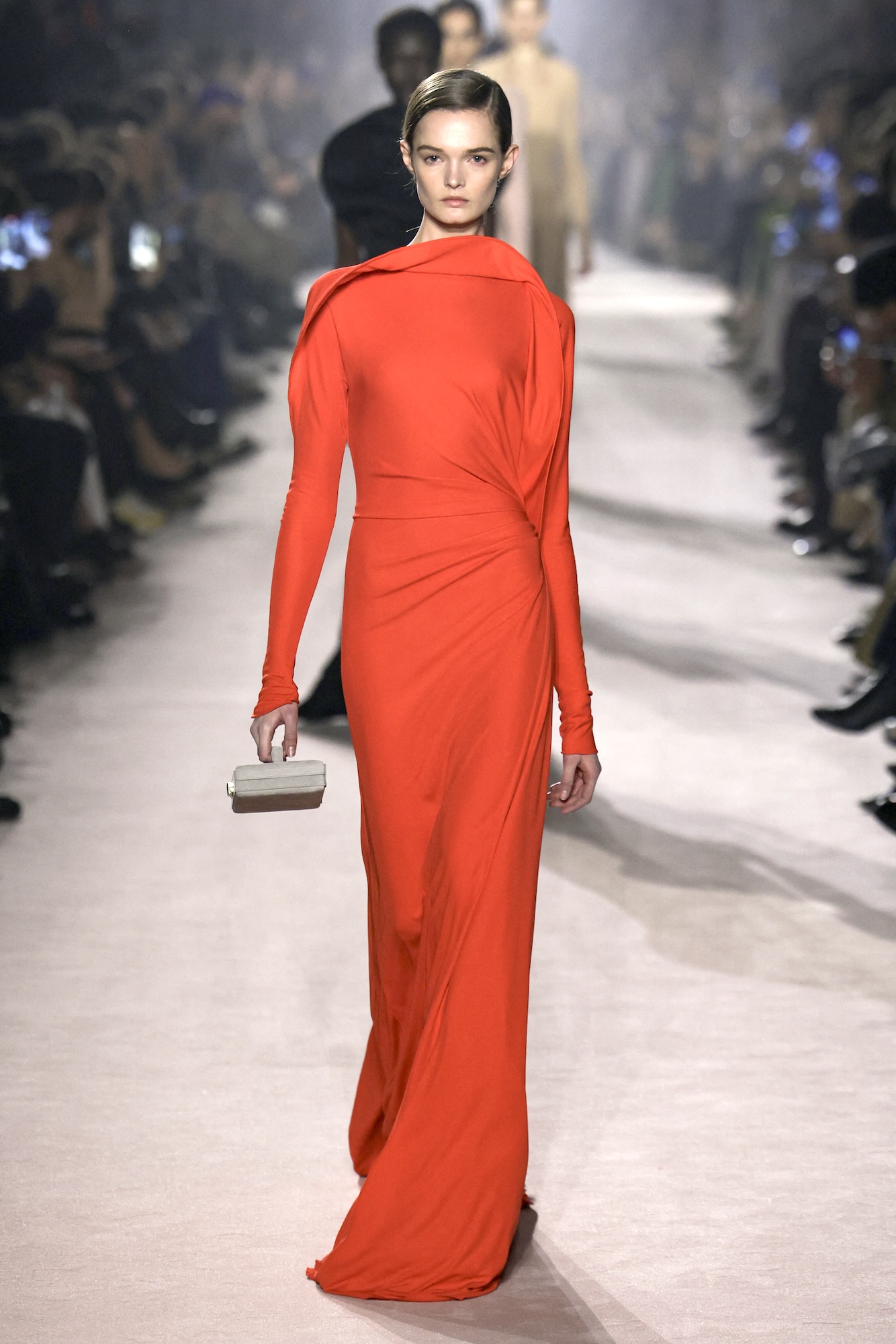 A model presents a creation by Victoria Beckham for the Womenswear Ready-to-wear Fall-Winter 2025/2026 collection as part of the Paris Fashion Week, in Paris on March 7, 2025. (Photo by Thibaud MORITZ / AFP)