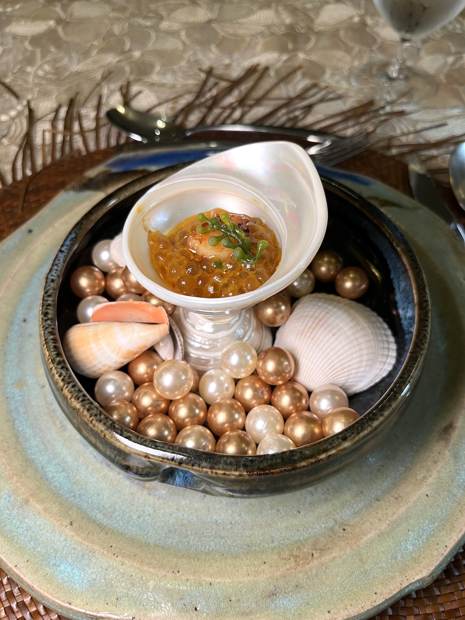 "South Sea pearls" with scallop, shrimp head jus, lato, and chili oil