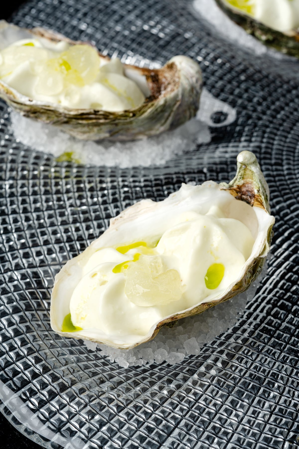 Oyster, sour refreshing apple foam, lemon-lime sorbet