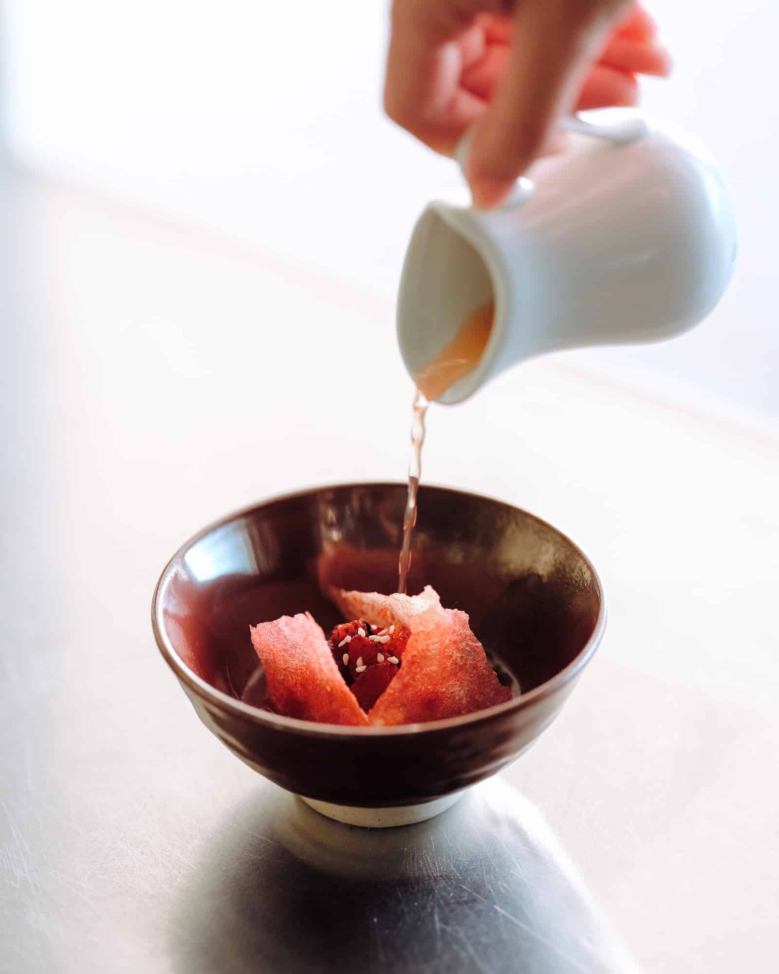STRAWBERRY HIYAYAKKO_House Sweet Silken Tofu, Kombucha Strawberry, Beetroot Molasses, Sumac Togarashi, Crisps. Photo by Bryan Kong_